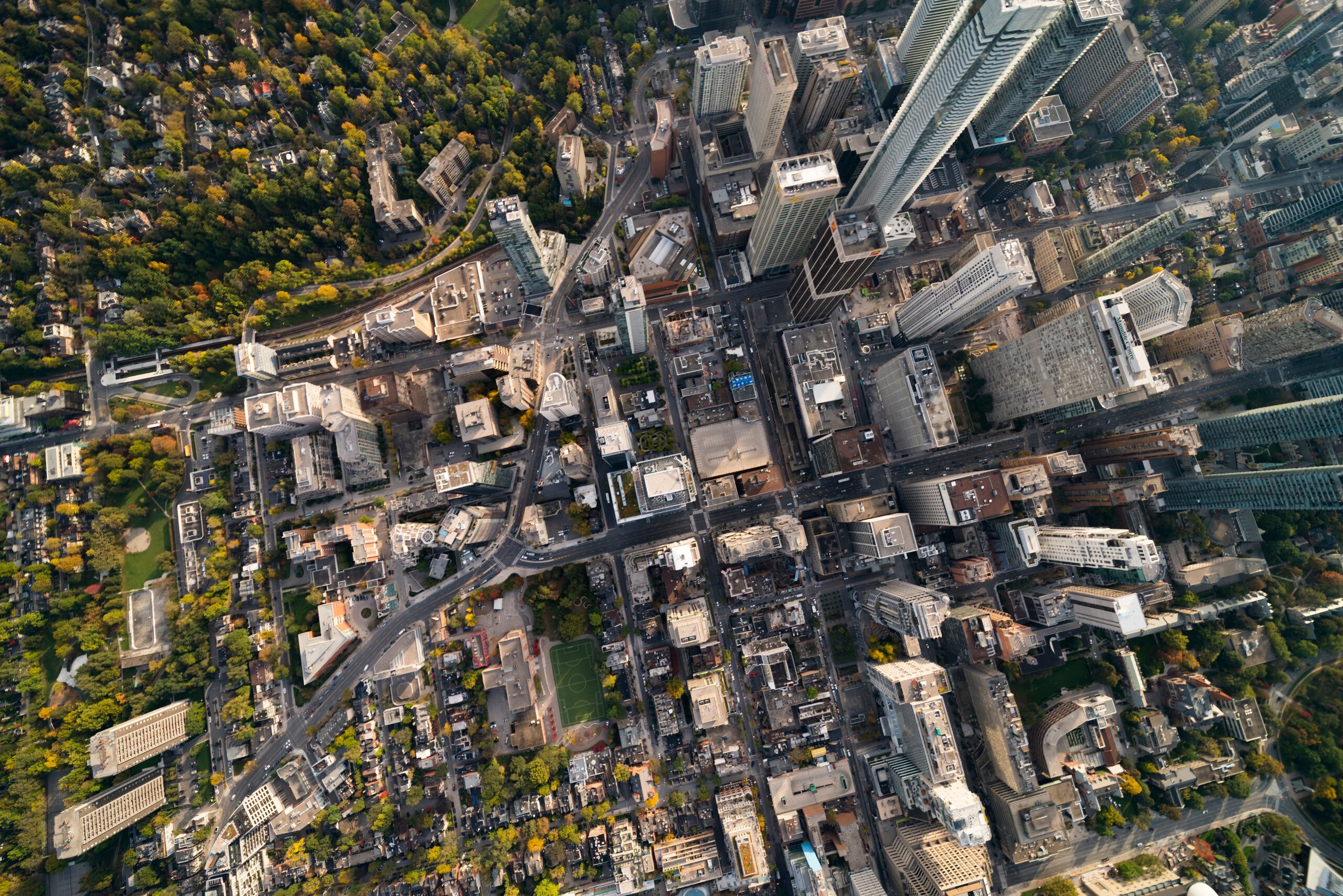Bird's-eye view of the neighbourhood of Yorkville in Toronto, Ontario, Canada as seen from helicopter